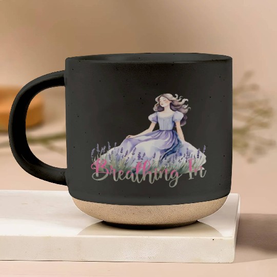 Girl in Lavender Dress Relaxing in Flower Field Pottery Mugs