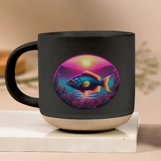 Synthwave Fish and Coral and a Sunset and Ocean Pottery Mugs