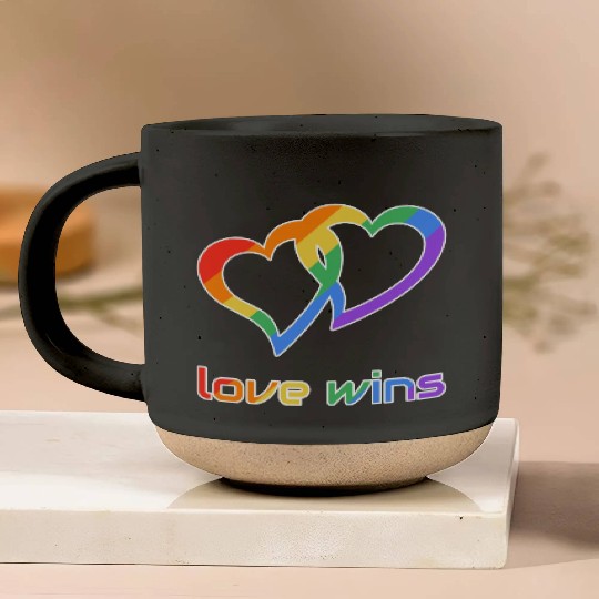 love wins lettering rainbow colors LGBTQAI+ Pottery Mugs