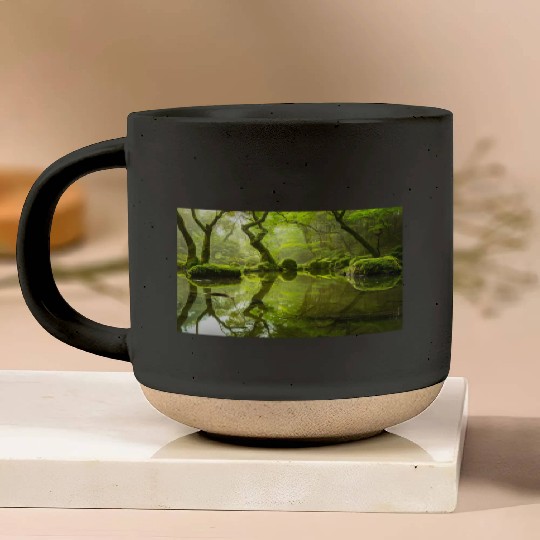 Enchanted Forest Reflections in Tranquil Pond Pottery Mugs