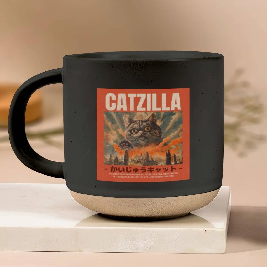 Catzilla Vintage Japanese Funny Angry Cat Pottery Mugs