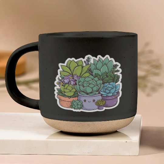 Potted Succulents Plants In Greens, Purples, Blues Pottery Mugs
