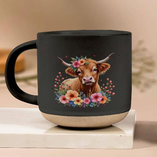Cute Scottish Highland Cow Floral Pottery Mugs
