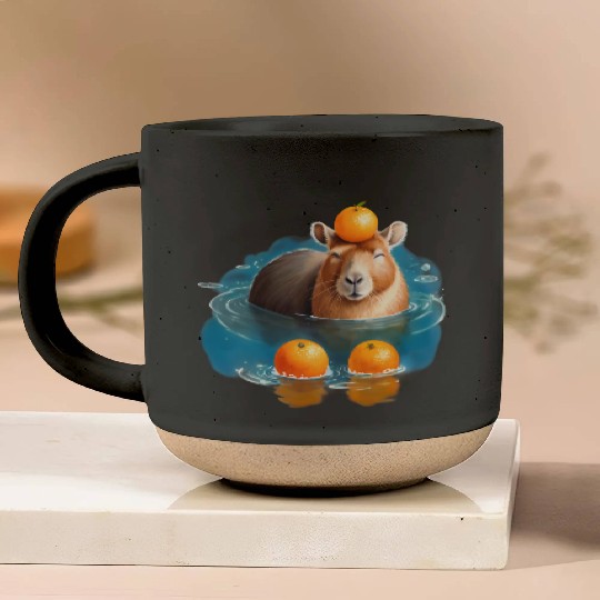 Blissful Capybara in the Water with Oranges Pottery Mugs