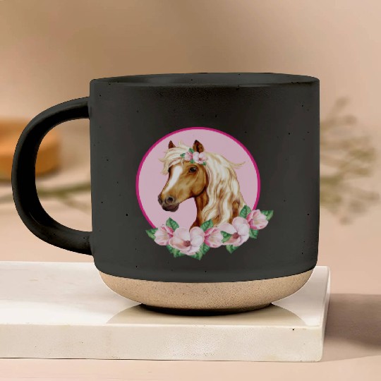 Brown Horse with pink Flowers Pottery Mugs
