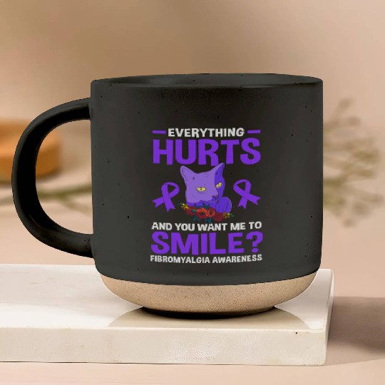 Everything Hurts Cat Purple Ribbon Fibro Awareness Pottery Mugs