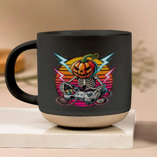 Retro Pumpkin Skeleton Gamer Neon Halloween Design Pottery Mugs