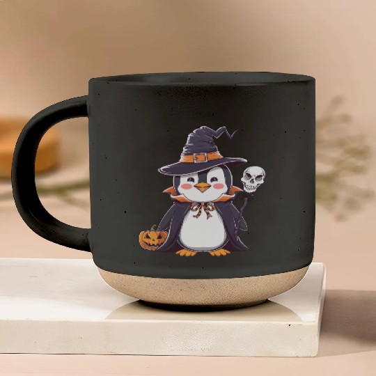 Penguin Halloween Sorcerer with Pumpkin and Skull Pottery Mugs