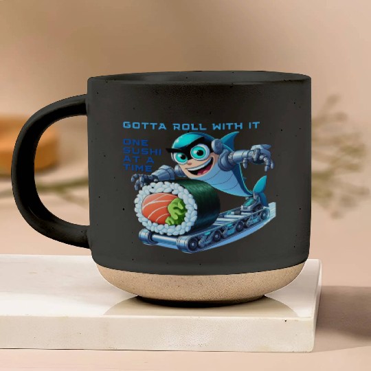 funny shark cyborg cyberpunk rolling sushi Pottery Mugs