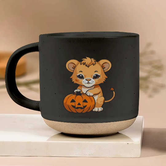 baby lion with a halloween pumpkin Pottery Mugs