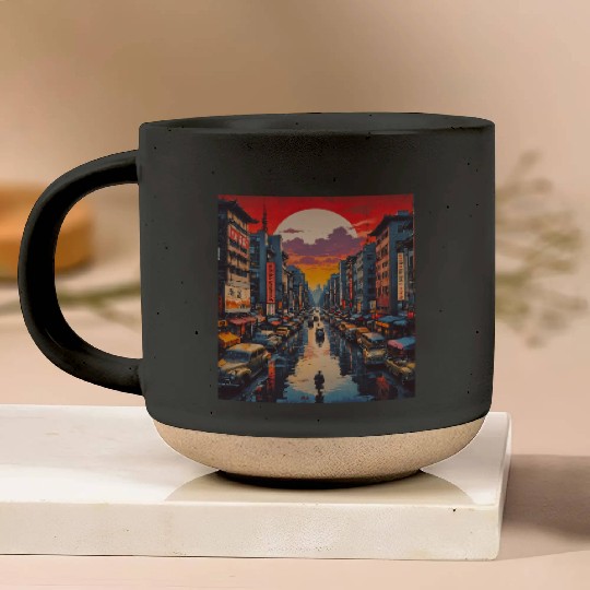 Twilight Reflections in Neon City Pottery Mugs