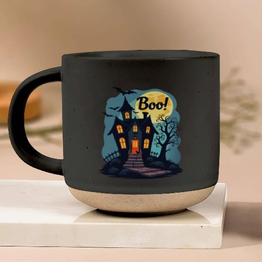 spooky haunted house with a black cat sitting Pottery Mugs