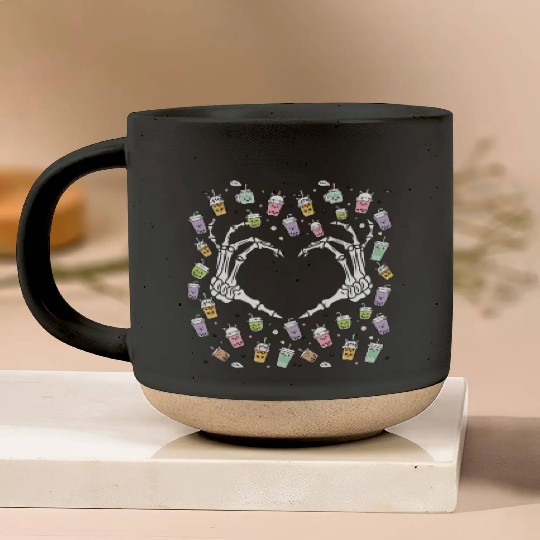 Skeletal Embrace: A Bubble Tea Love Story Pottery Mugs