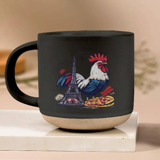 French Pride: Rooster with Eiffel Tower and Pizza Pottery Mugs