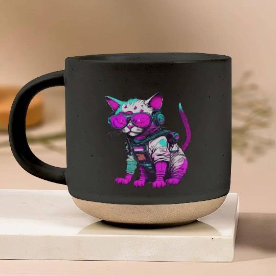 Punk Space Cat with Neon Goggles Pottery Mugs
