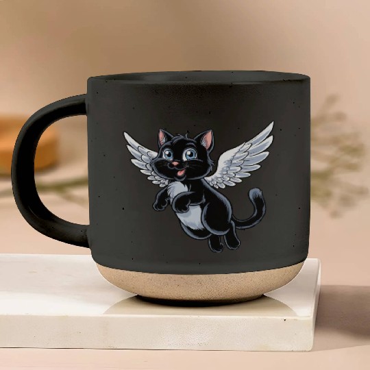 Black Cat with Angel Wings Pottery Mugs