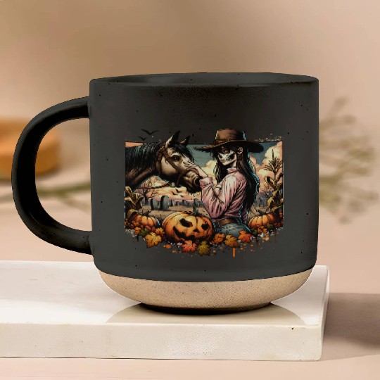 Haunting Cowgirl and Horse in Halloween Graveyard Pottery Mugs