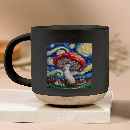 Starry Night Mushroom: Surreal Watercolor Dreamsca Pottery Mugs