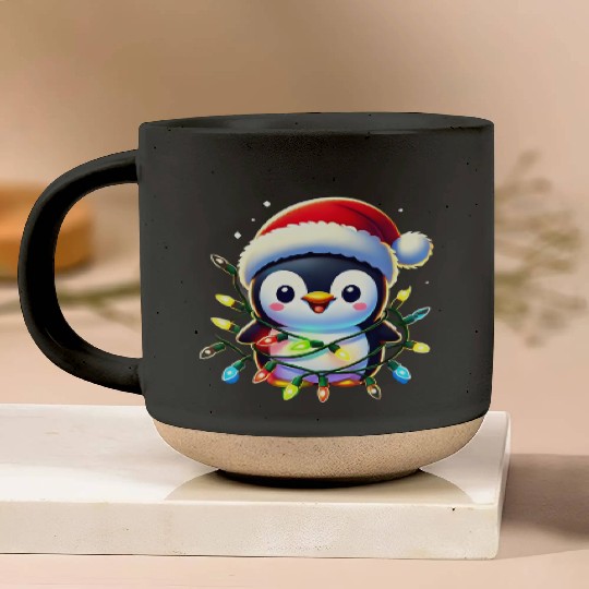 Festive Penguin Wrapped in Christmas Lights & Sant Pottery Mugs