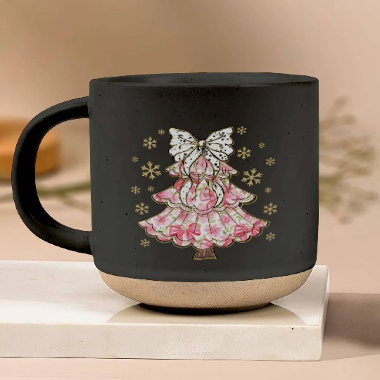 Preppy Pink Coquette Bow Xmas Tree Pottery Mugs