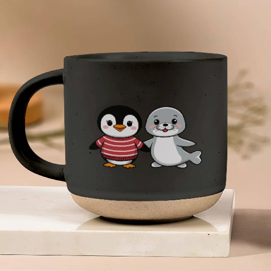 Penguin and Seal Friends holding hands Pottery Mugs