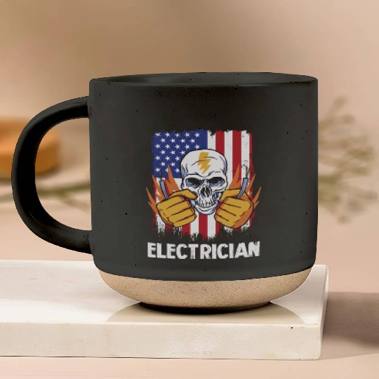 Electrician Skull with American Flag Background Pottery Mugs