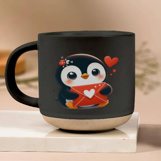 Penguin Valentine Mail with Heart Pottery Mugs