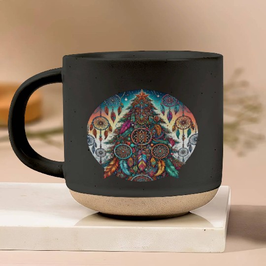 Bohemian-Style Christmas Tree with Dreamcatchers a Pottery Mugs