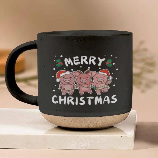 Merry Christmas Cute Pig Festive Lights Pig Pottery Mugs