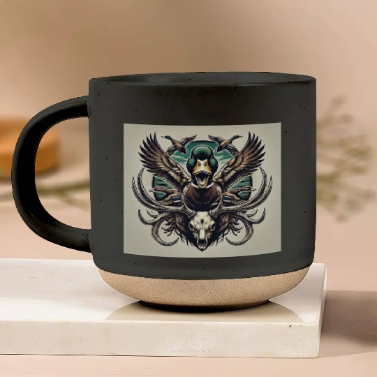 Mallard duck flying over deer skull in marsh Pottery Mugs