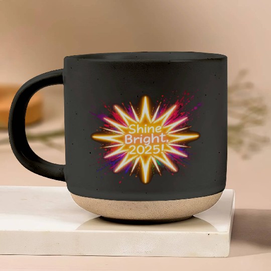 A large starburst glowing in neon light with 2025 Pottery Mugs