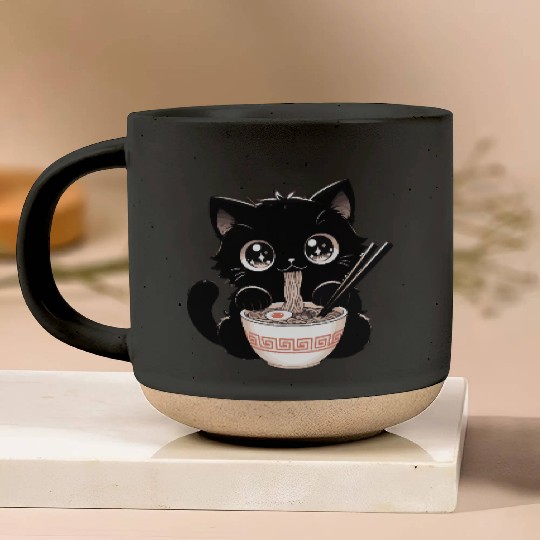 Cute Kawaii Cat eating Ramen Asian Food Gift Pottery Mugs