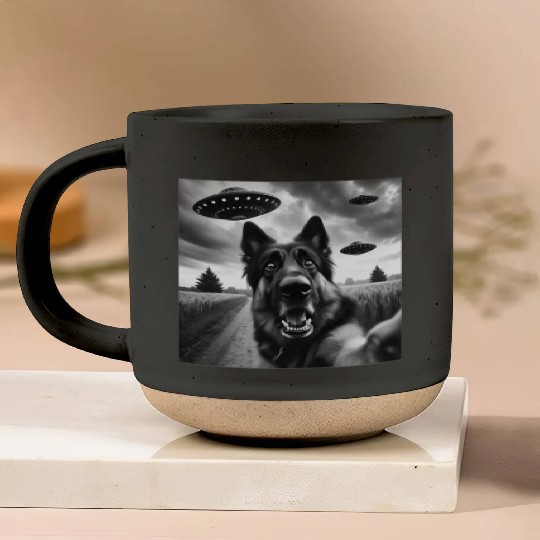 German Shepherd Funny GSP Selfie with UFOs Weird A Pottery Mugs