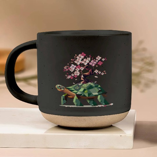 Turtle with blooming cherry blossom bonsai Pottery Mugs