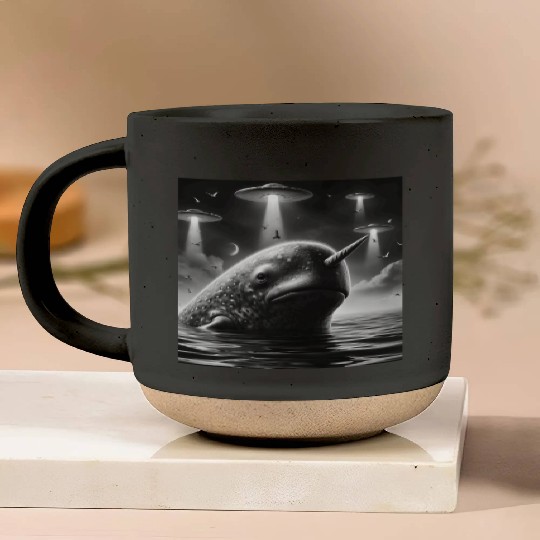 Narwhal Funny Graphic Selfie with UFOs Weird Alien Pottery Mugs