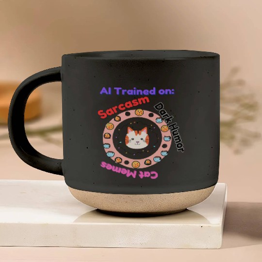 Trained on sarcasm dark humor and cat memes Pottery Mugs