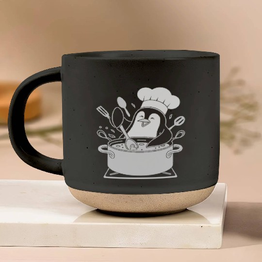 Chef Penguin Cooking with Utensils in Pot Pottery Mugs