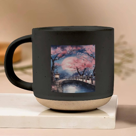 Watercolor cherry blossom festival full moon Pottery Mugs