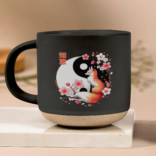 fox kitsune with cherry blossom in retro aesthetic Pottery Mugs