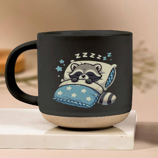Raccoon Sleeping In Bed At Night Time Pottery Mugs