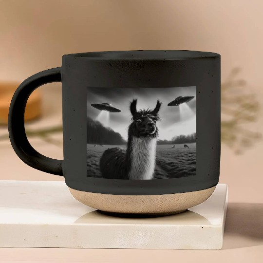 Llama alpaca Funny Graphic Selfie with UFOs Weird Pottery Mugs