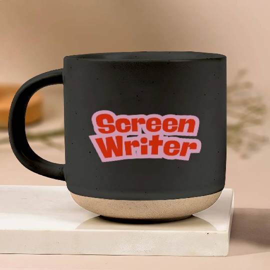 Screen Writer Red Text with Pink Border Pottery Mugs