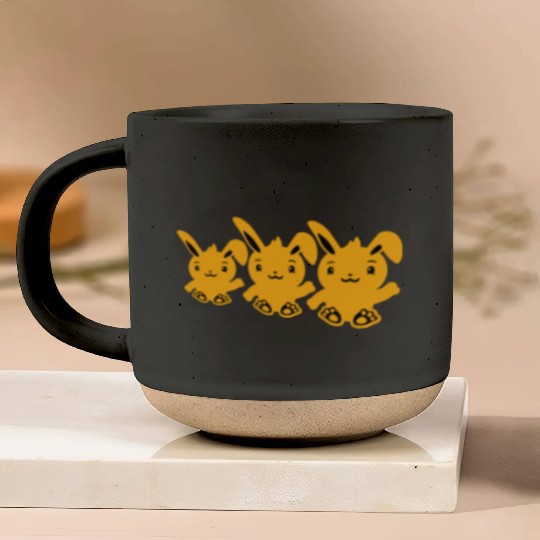 3 Rabbits Three Friends Team Crew Waving Sitting Pottery Mugs