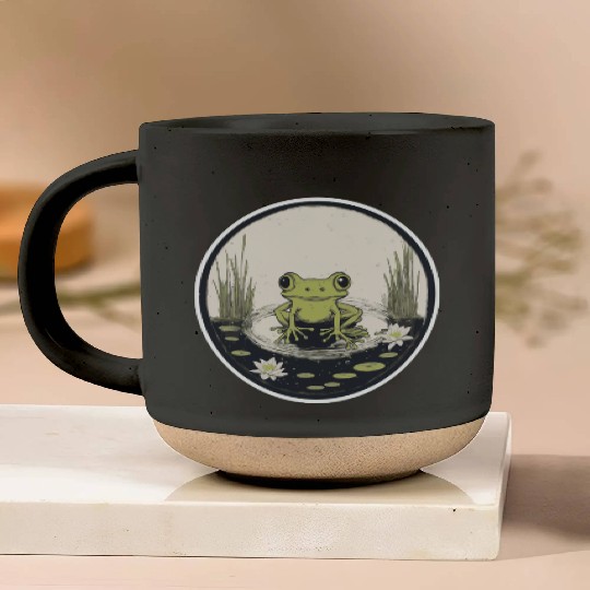 Serene Frog in a Tranquil Pond Pottery Mugs