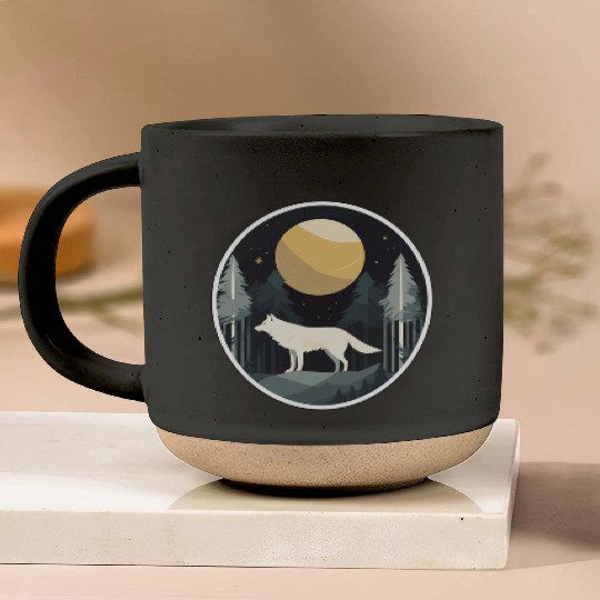 Lone Wolf Under Moonlit Sky Pottery Mugs