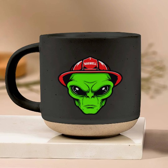 Grey Alien Fireman Pottery Mugs