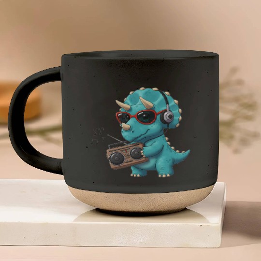 Dino cartoon triceratops listening to music Pottery Mugs