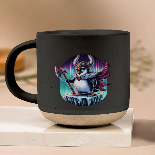 Viking Penguin Warrior Under Northern Lights Pottery Mugs