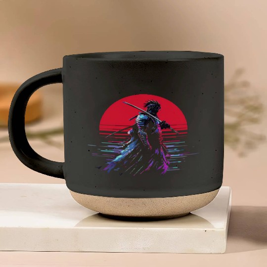 Cyberpunk Samurai Warrior Under Neon Moon Pottery Mugs