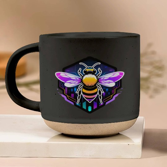 A bee cyberpunk-style with glowing neon stripes Pottery Mugs